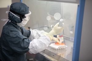 穿着全套 PPE 的技术人员在通风罩中使用移液器工作